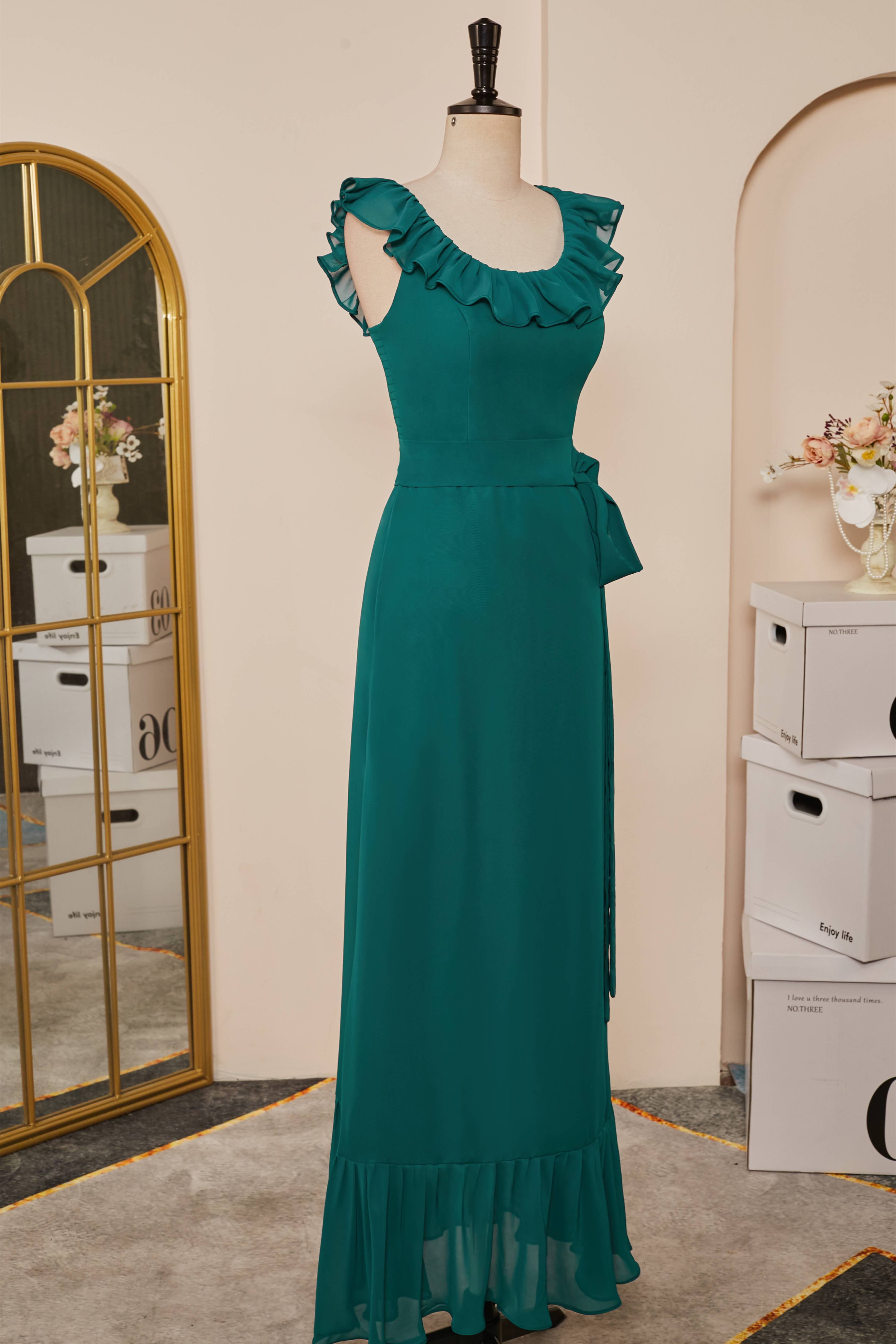 Teal Ruffled Neck A-line Long Bridesmaid Dress with Sash