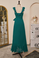 Teal Ruffled Neck A-line Long Bridesmaid Dress with Sash