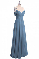 Dusty Blue Chiffon Cold Shoulder A-Line Long Bridesmaid Dress