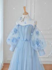 Blue Tulle Lace Long Prom Dress, Blue Tulle Lace Long Evening Dress