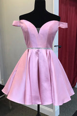 Beaded Waist Off the Shoulder Pink Homecoming Dress