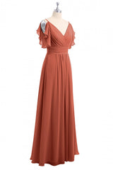 Rust Orange Cold-Shoulder A-Line Long Bridesmaid Dress