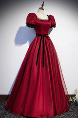 Burgundy Tulle Long Prom Dresses, A-Line Backless Evening Dresses