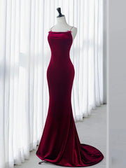 Simple Velvet Mermaid Burgundy Long Prom Dress, Burgundy Long Formal Dress