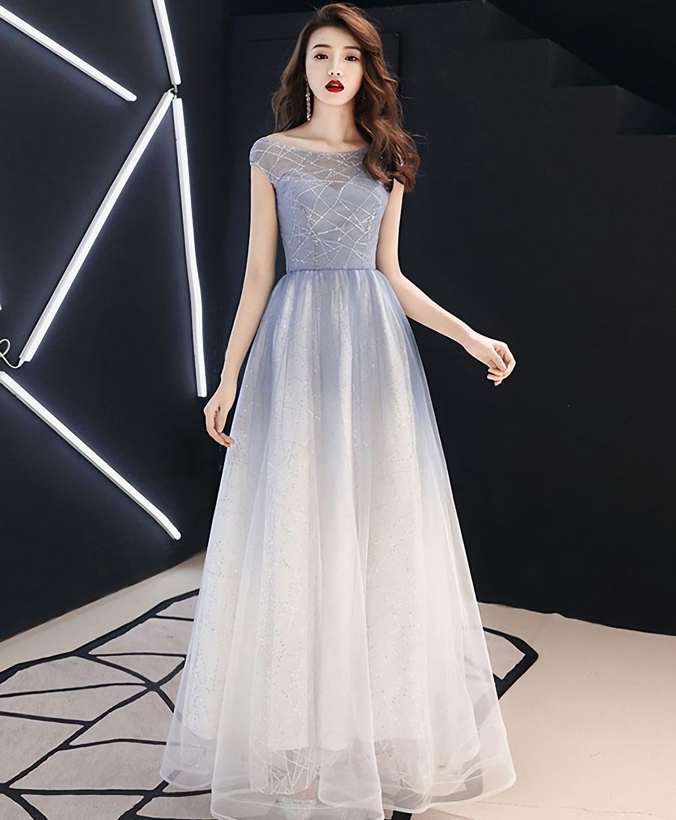 Blue Round Neck Tulle Long Prom Dress, Blue Tulle Evening Dress