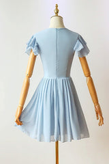 Flutter Sleeves Blue Chiffon Short Homecoming Dress