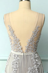 A-line Low V-Back Grey Bridesmaid Dress with Lace