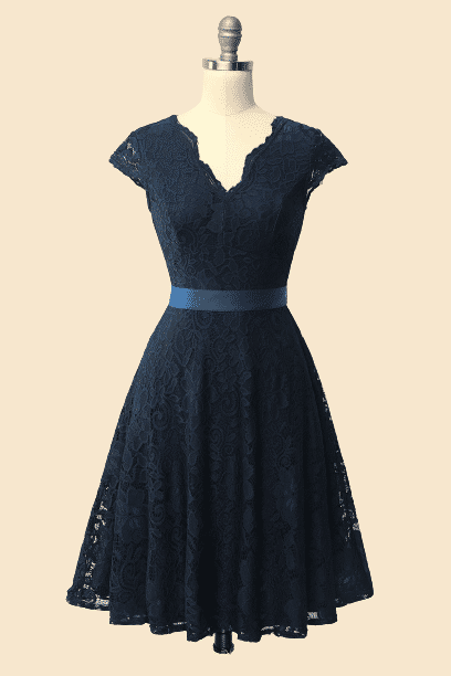 A-Line Cap Sleeve Navy Blue Bridesmaid Dress with Belt