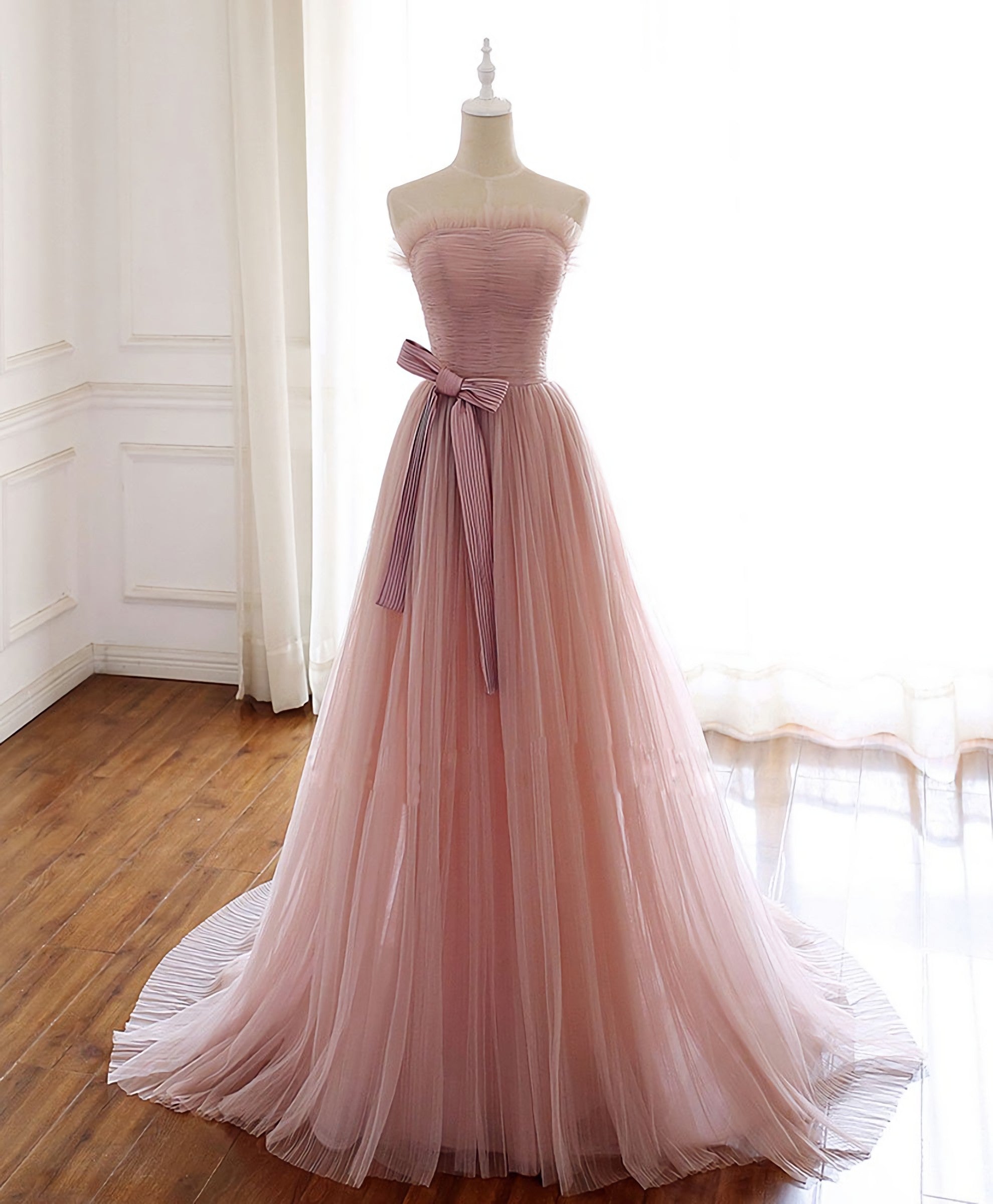 Simple Pink Tulle Long Prom Dress, Pink Tulle Formal Dress, 1