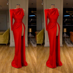 One-shoulder Long sleeves High-split Soft pleated Red Prom Dress