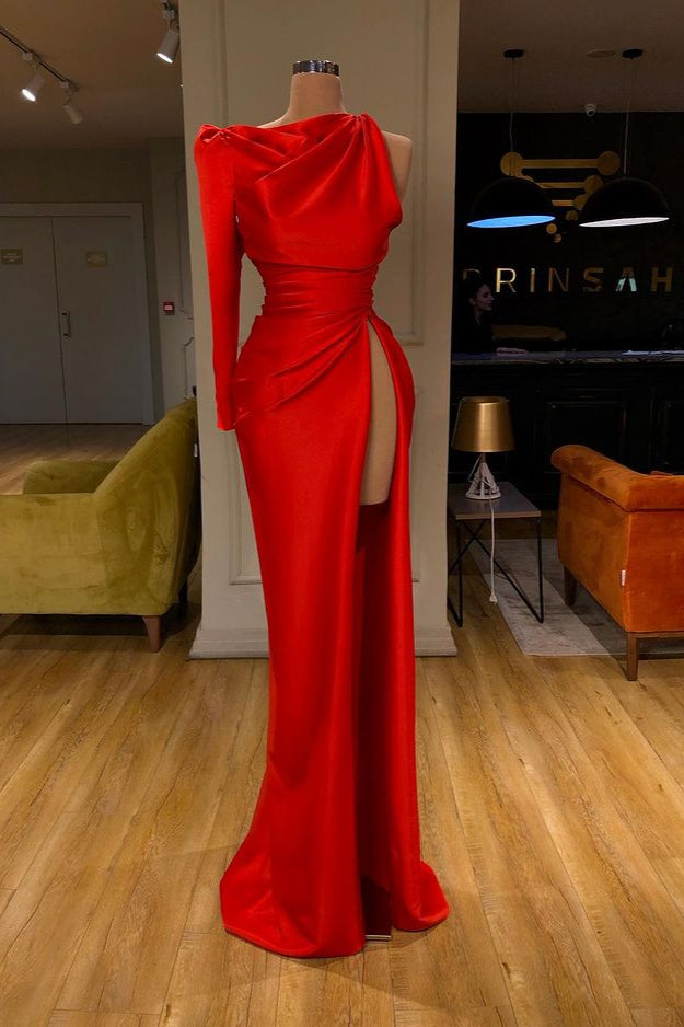 One-shoulder Long sleeves High-split Soft pleated Red Prom Dress