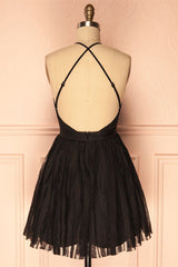 Deep V Neck Short Black Tulle Homecoming Dress