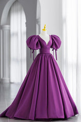 Purple Puff Sleeves Satin Long Prom Dress, V-Neck Evening Dress