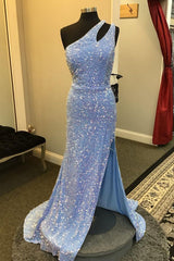 Light Blue One Shoulder Cut-Out Mermaid Long Prom Dress with Fringes