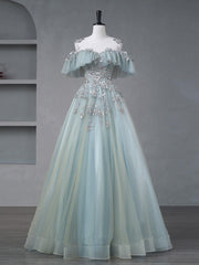 A-Line Blue Tulle sequin Lace Long Prom Dress, Blue Lace Sweet 16 Dress