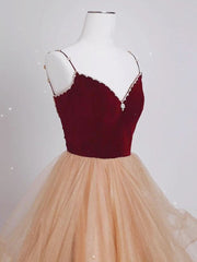 A-Line Champagne Tulle Long Prom Dresses, Velvet Graduation Dresses with Beading