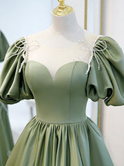 A-Line Green Puffy Sleeve Satin Short Prom Dress, Green Short Formal Dress