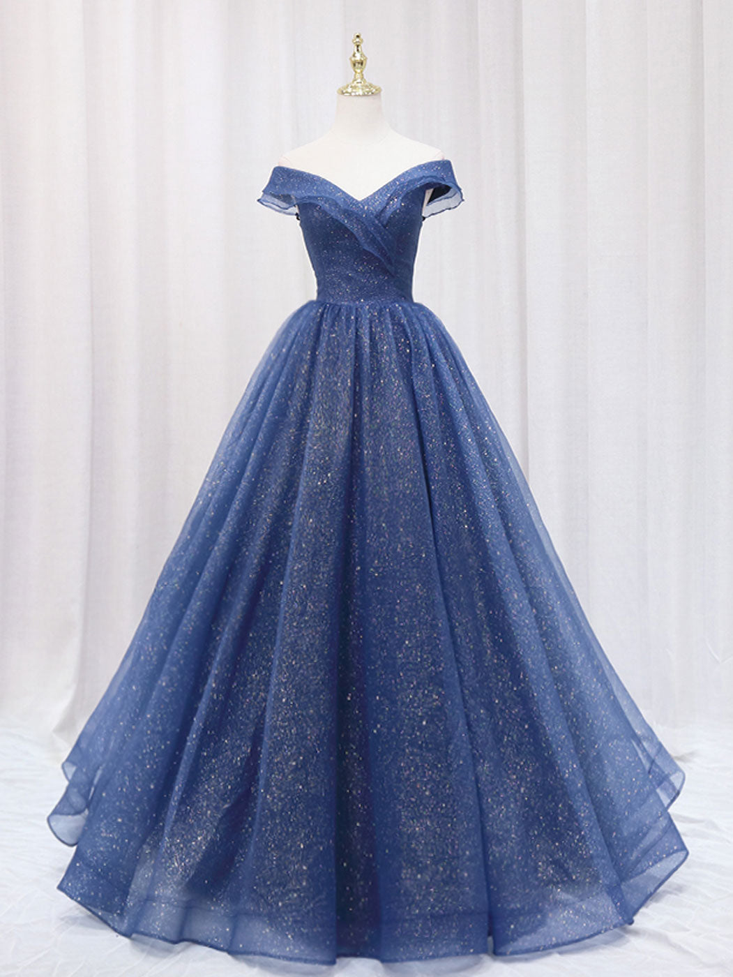 A-Line Off Shoulder Dark Blue Long Prom Dress, Shiny Tulle Long Graduation Dress