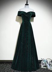 A-line Off Shoulder Green Velvet Simple Party Dress, Green Prom Dress Formal Dress