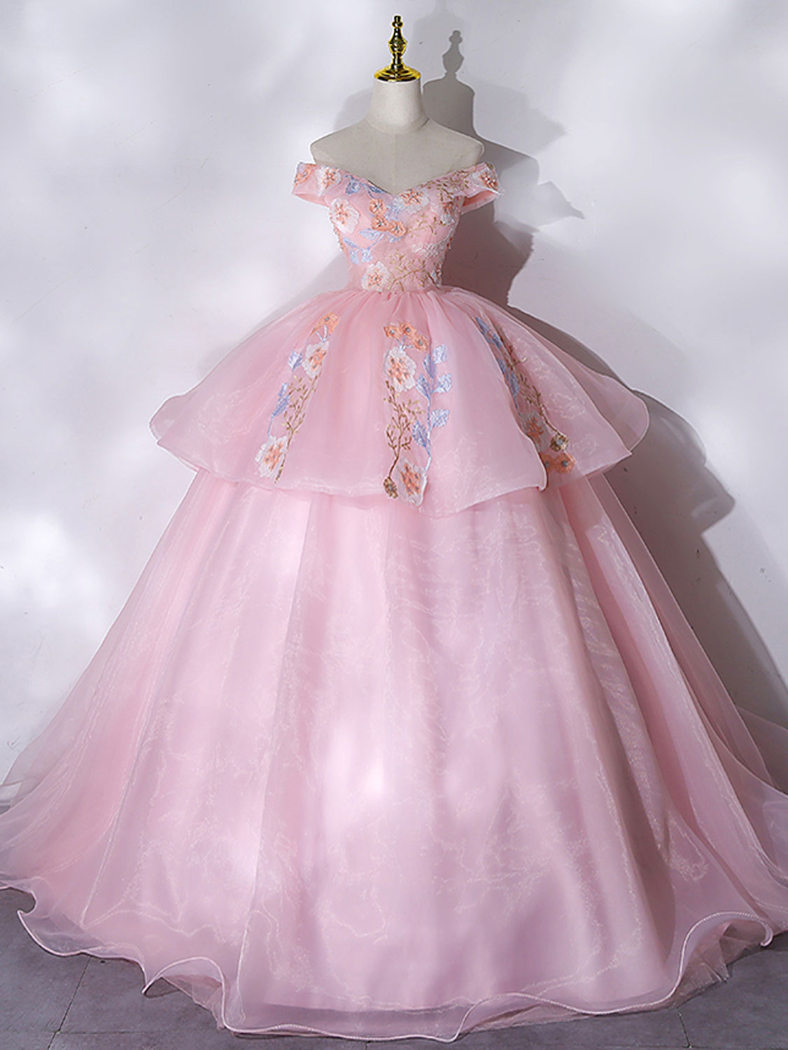 A-Line Off Shoulder Organza Lace Pink Long Prom Dress. Pink Sweet 16 Dress