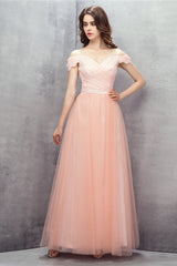 A-line Pink Off Shoulder Lace Prom Dresses