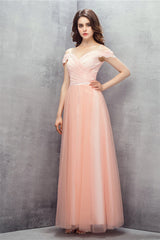 A-line Pink Off Shoulder Lace Prom Dresses