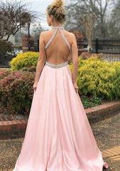 A Line Princess High Neck Sleeveless Sweep Train Satin Prom Dress With Waistband Beading