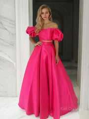 A-Line/Princess Off-the-Shoulder Floor-Length Satin Prom Dresses