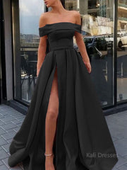 A-Line/Princess Off-the-Shoulder Sweep Train Satin Prom Dresses With Leg Slit