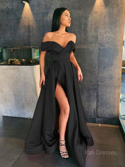 A-Line/Princess Off-the-Shoulder Sweep Train Satin Prom Dresses With Leg Slit