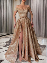 A-Line/Princess Off-the-Shoulder Sweep Train Sequins Prom Dresses With Leg Slit