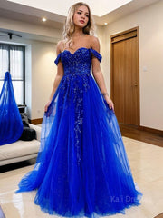 A-Line/Princess Off-the-Shoulder Sweep Train Tulle Prom Dresses With Leg Slit