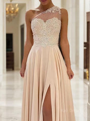 A-Line/Princess One-Shoulder Sweep Train Chiffon Prom Dresses With Leg Slit