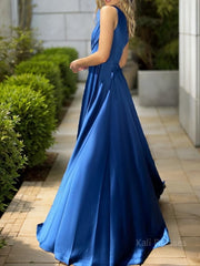 A-Line/Princess One-Shoulder Sweep Train Silk like Satin Prom Dresses With Leg Slit