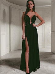 A-Line/Princess Scoop Floor-Length Chiffon Prom Dresses With Leg Slit