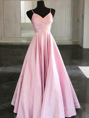 A-Line/Princess Spaghetti Straps Floor-Length Satin Prom Dresses With Ruffles