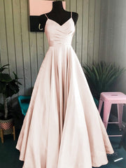 A-Line/Princess Spaghetti Straps Floor-Length Satin Prom Dresses With Ruffles