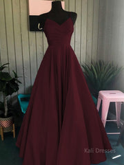 A-Line/Princess Spaghetti Straps Floor-Length Satin Prom Dresses With Ruffles