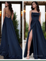 A-Line/Princess Spaghetti Straps Sweep Train Satin Prom Dresses With Leg Slit