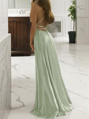 A-Line/Princess Spaghetti Straps Sweep Train Silk like Satin Prom Dresses With Leg Slit