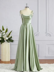 A-Line/Princess Square Sweep Train Silk like Satin Bridesmaid Dresses with Leg Slit