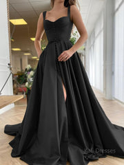 A-Line/Princess Straps Court Train Satin Prom Dresses With Pockets