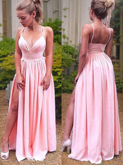 A-Line/Princess Straps Floor-Length Stretch Crepe Prom Dresses With Leg Slit