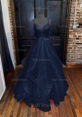 A Line Princess Sweetheart Sleeveless Long Floor Length Tulle Sparkling Prom Dress