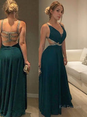 A-Line/Princess V-neck Floor-Length Chiffon Prom Dresses With Beading