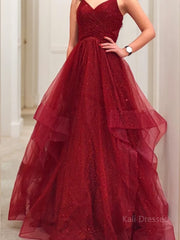 A-Line/Princess V-neck Floor-Length Net Prom Dresses