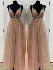 A-Line/Princess V-neck Floor-Length Tulle Prom Dresses With Beading