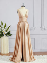 A-Line/Princess V-neck Sweep Train Jersey Bridesmaid Dresses with Leg Slit