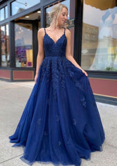 A Line Princess V Neck Sweep Train Lace Prom Dresses