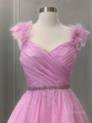 A-Line/Princess V-neck Sweep Train Organza Prom Dresses With Ruffles